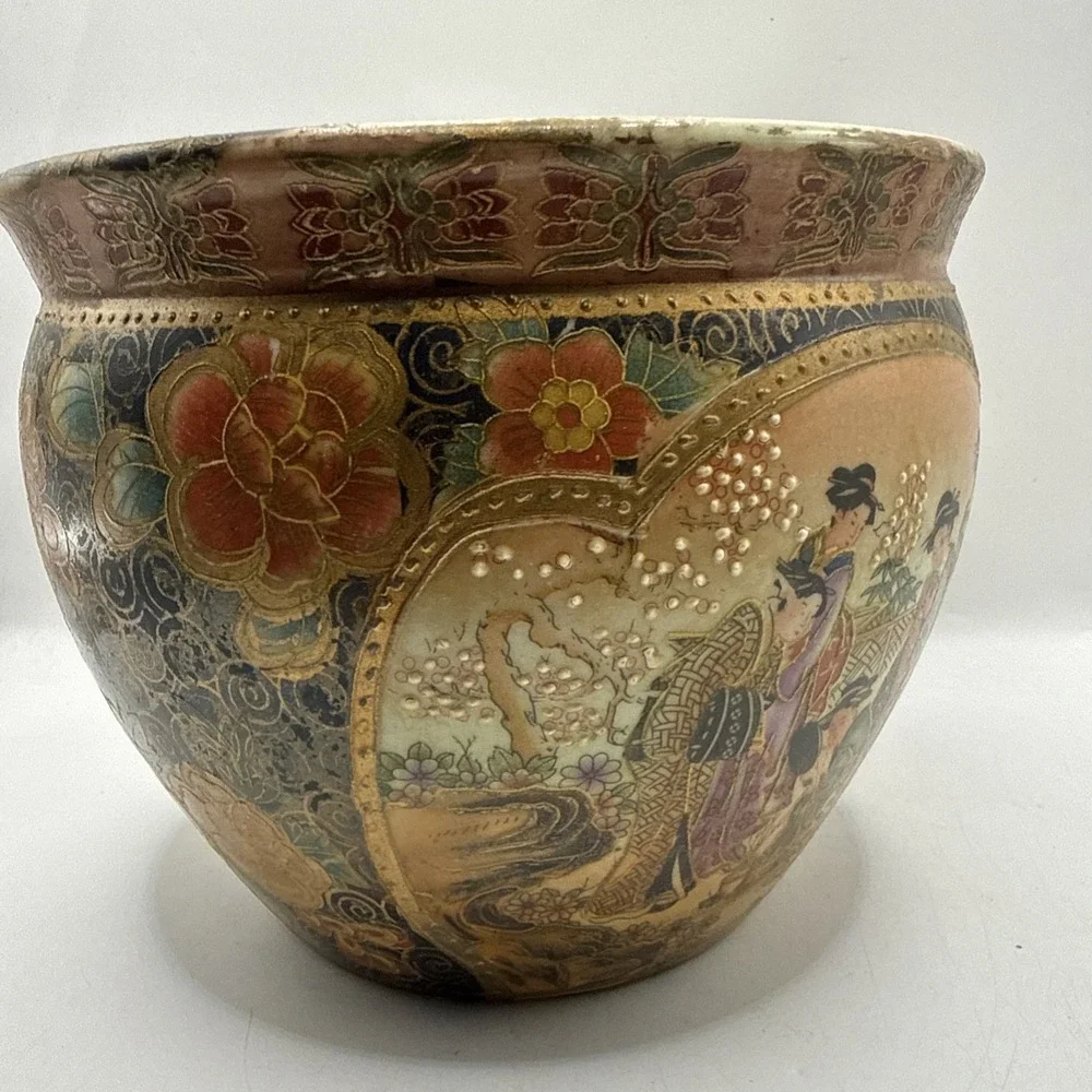 Vintage Satsuma Style Porcelain Fishbowl Planter Gold Trim5